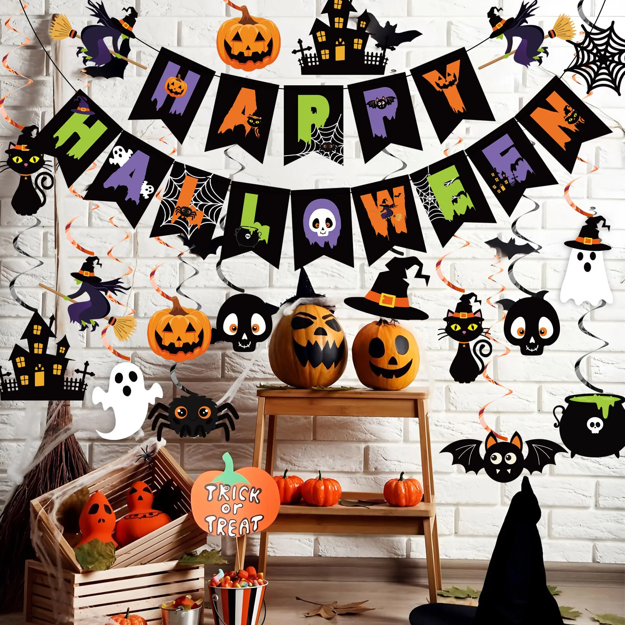 Halloween Party Decorations Happy Halloween Banner Ghost Pumpkin Witches Hanging Swirls Spooky Ceiling Hanging Streamers for Home Indoor Outdoor Halloweens Theme Party Decorations