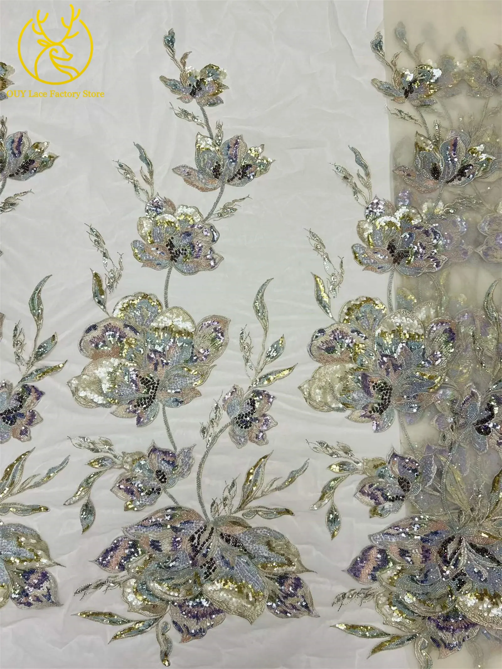 Luxuriöser afrikanischer Brautkleidstoff mit Stickerei, großen Blumen und Perlen, 5 Yards, hochwertiger französischer Pailletten-Spitzenstoff zum Nähen von Kleidern – Detail 19
