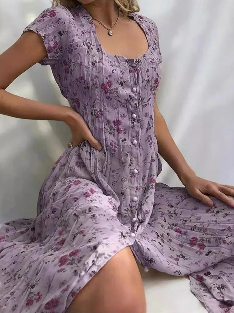 Summer New Single-breasted Floral Short Sleeved Women\'s Dresses Fashion Slim Elegant Female Casual Beach Swing Dresses 2024