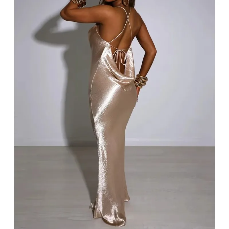 Elegant Satin Backless Maxi Dress For Women Gown Summer Spaghetti Strap Sleeveless Night Club Party Long Dress Vestido