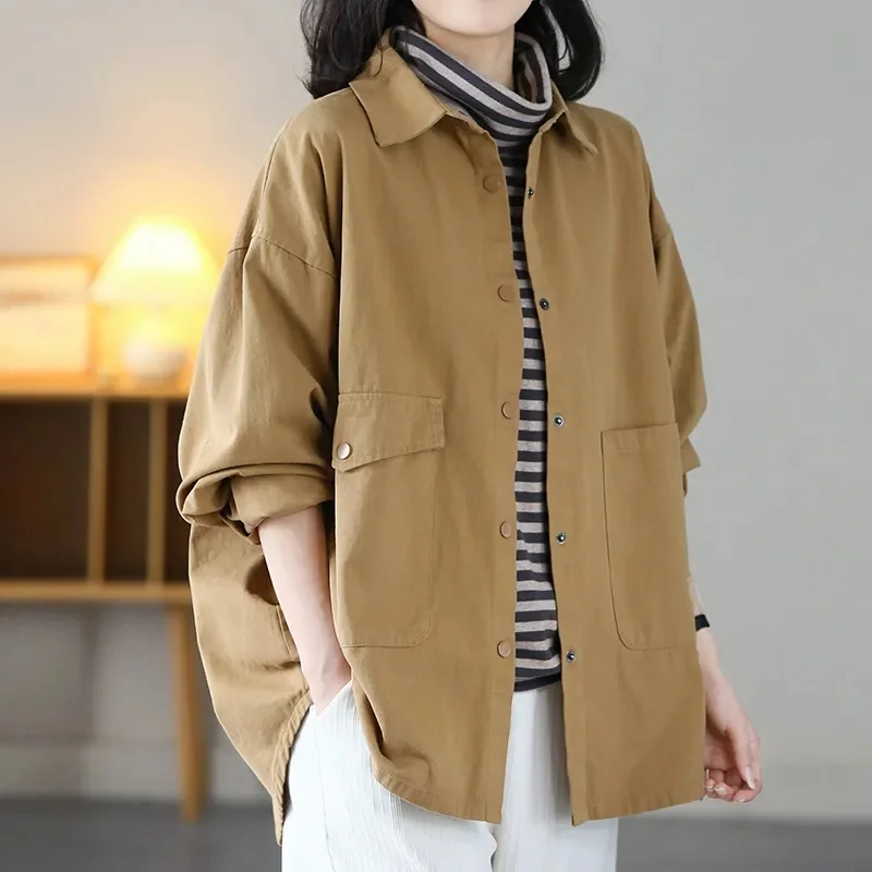 Women Large Size 4XL Trench Jacket Spring Autumn Female Leisure Shirts Outwear Korean Ladies Long Sleeves Cardigan Blouse Coat