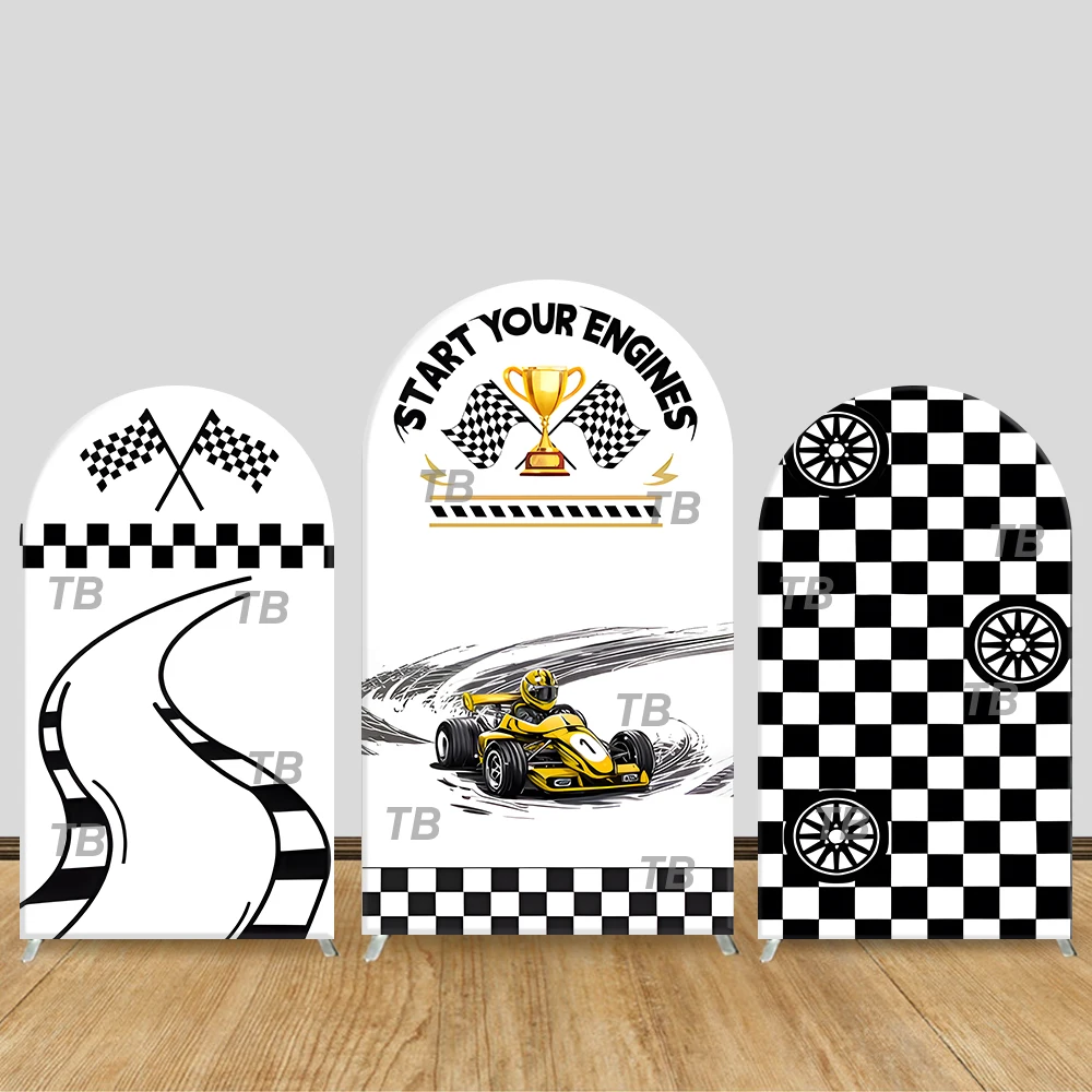 

Racing Car Theme Arch Backdrop Cover "Start Your Engines" Checkered Flag Kids Party Decor Photo Booth Background Supplies