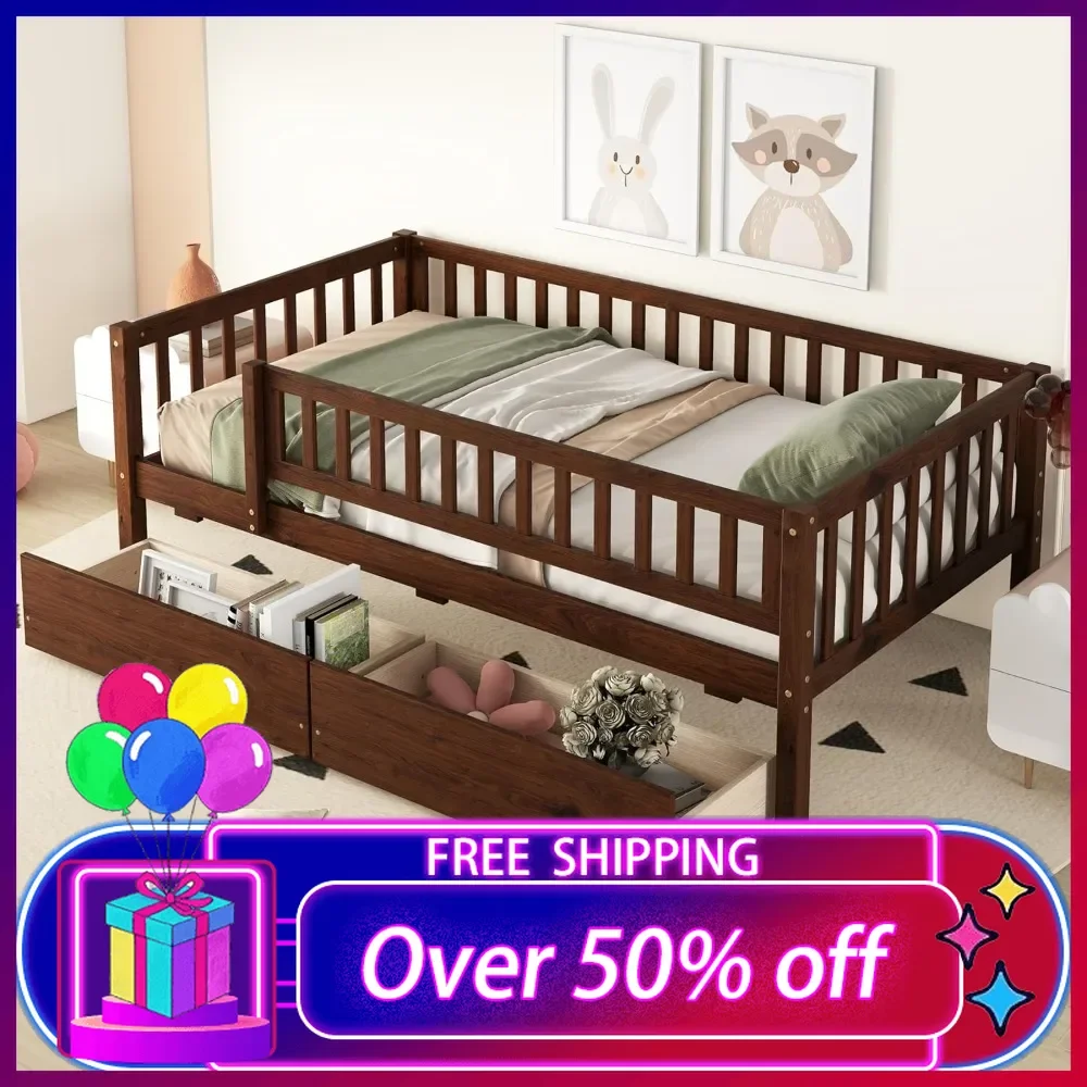 Twin Size Daybed with Two Drawers, Wood Kids Twin Platform Bed Frame with Storage and Rails, No Box Spring Needed, Easy Assembly