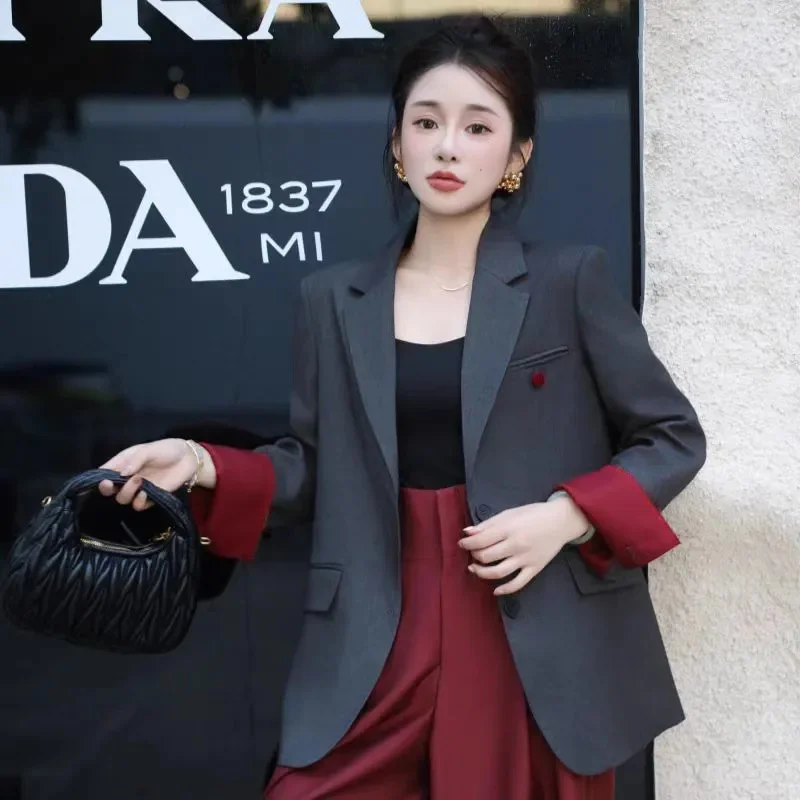 2024 Spring and Autumn New Loose Style Grey Suit Jacket Women With A High Level Single Breasted Suit Collar Splicing Small Suit