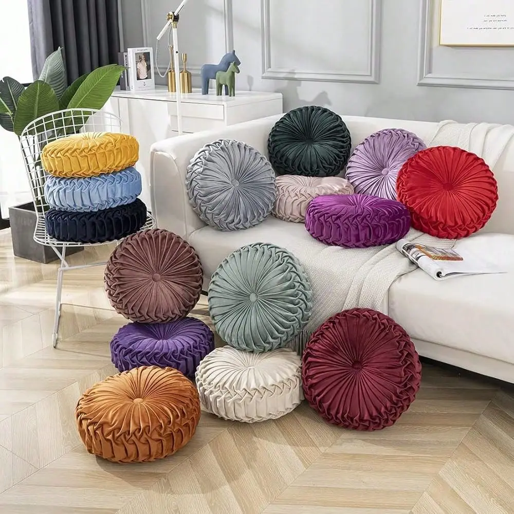 

Velvet Seat Cushions Round Floor Pillows Thicken Chair Cushions Pleated Chair Pads Seat Pad Throw Pillows For Bedroom Living Ro