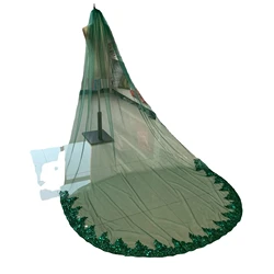Green Muslim Cathedral Wedding Veils Long Lace Sequins Edge Bridal Veil with Comb Wedding Accessories Veu de Noivral