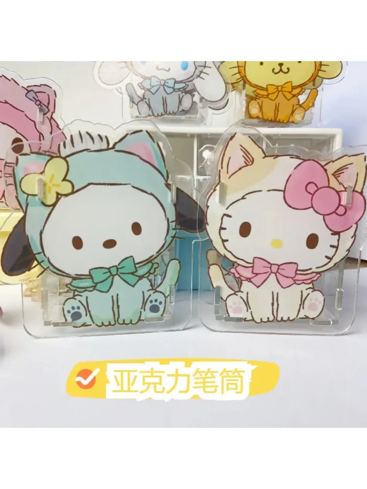Porte-stylo dessin animé Sanrio Hellokitty Kuromi, boîte de rangement transparente multifonction, papeterie pour étudiants, ornements de bureau