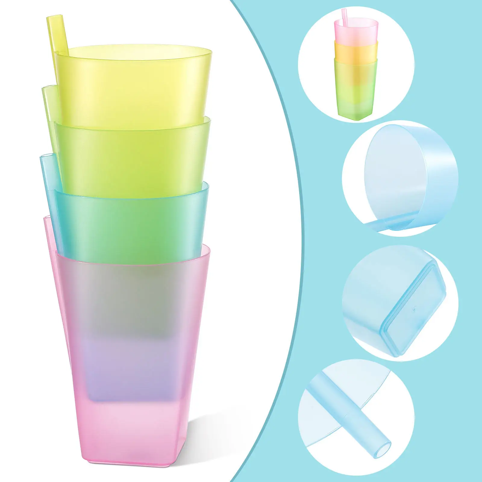 4Pcs Candy Color Sip Cups Premium Plastic Toddler Drinking Cups Built in Straw Smooth Rim Stackable for Home Picnic