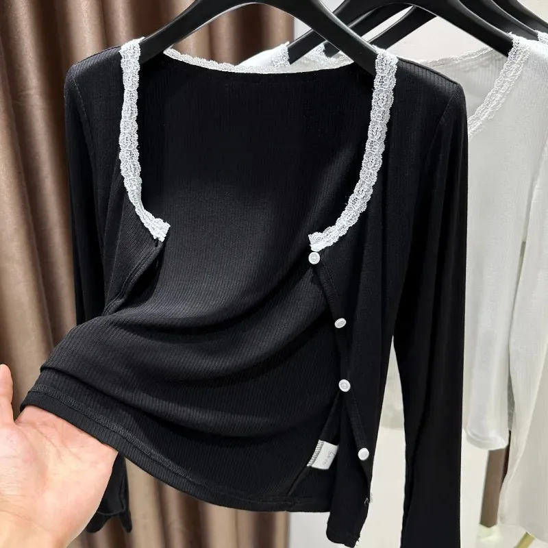 Women's Black Ribbed Button Front Cardigan White Lace Trim Long Sleeve Crop Top Multiple Colors Available