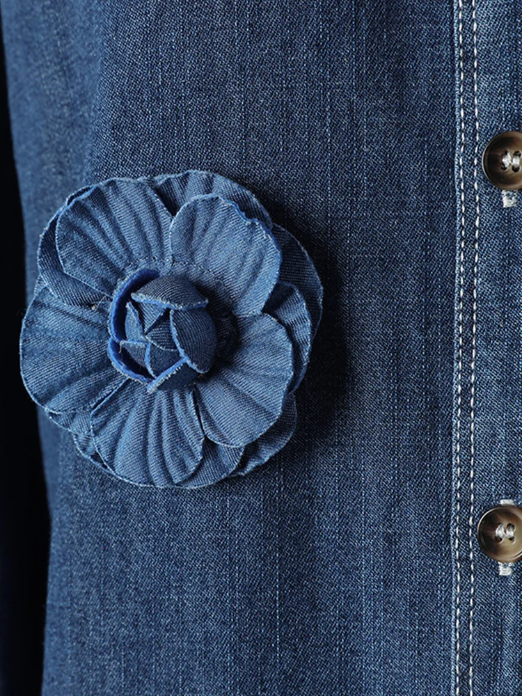 Loose Women's Denim irt Floral Decorative Hong Kong Sle Coat Cotton Basic Fit Six Sve Flannel Faionable Outerwear