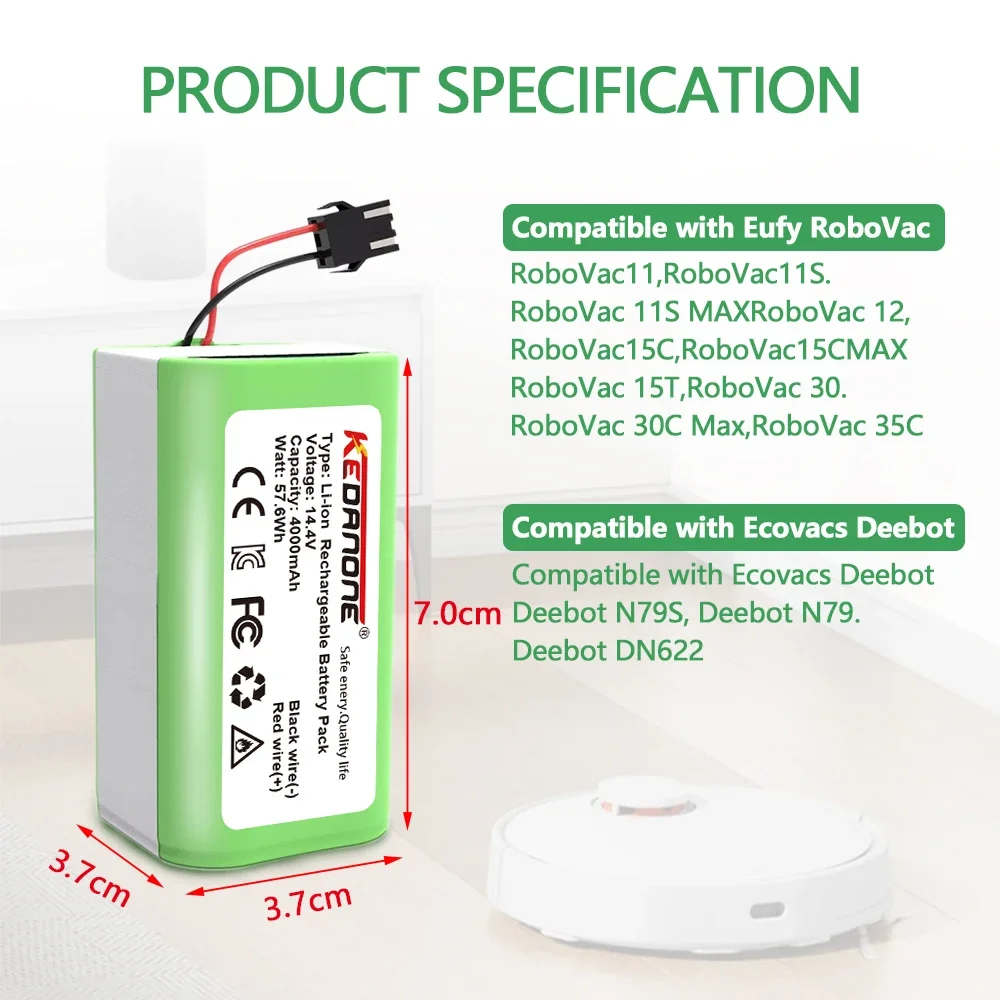 14.4V 4000mAh Li-ion Battery for Conga Excellence 950 990 1090 1790 1990 Deebot N79S N79 DN622 Eufy Robovac 11S 12 X500 battery