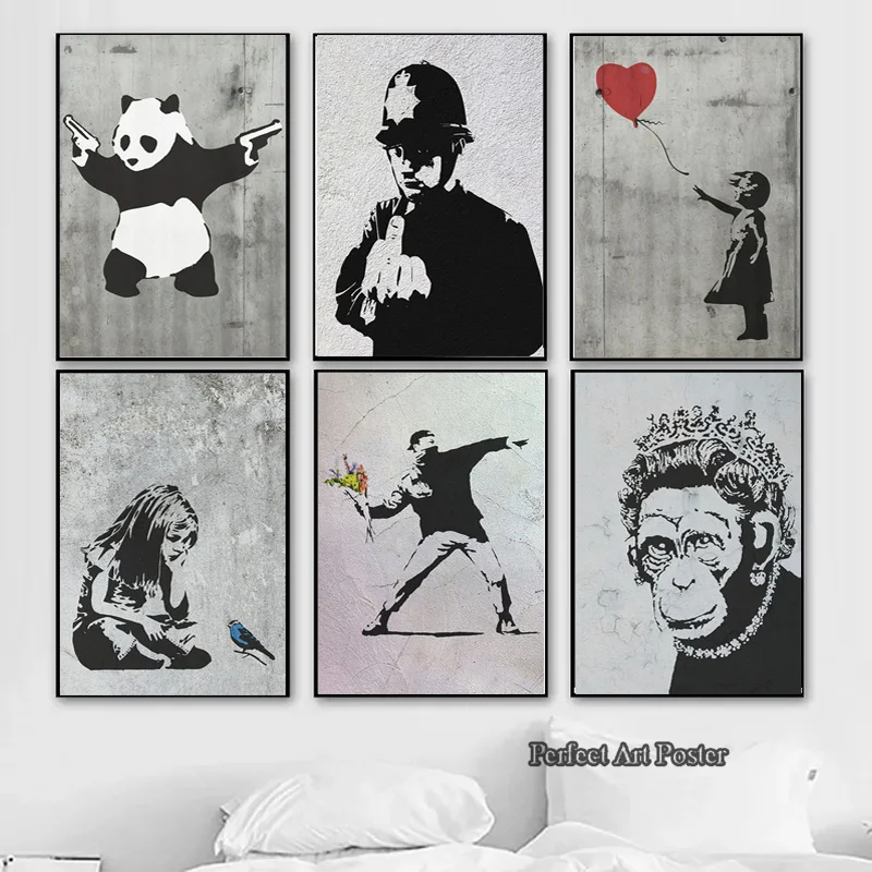 Wall Art Banksy Graffiti Artwork Canvas Painting Prints Pictures Girl with Red Balloon Black White Poster Nordic Home Room Decor