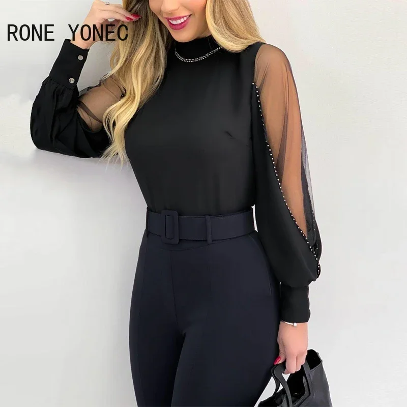 Women Chic Solid Chiffon&Mesh Long Sleeves with Rhinestone Basics Blouse Working Tops