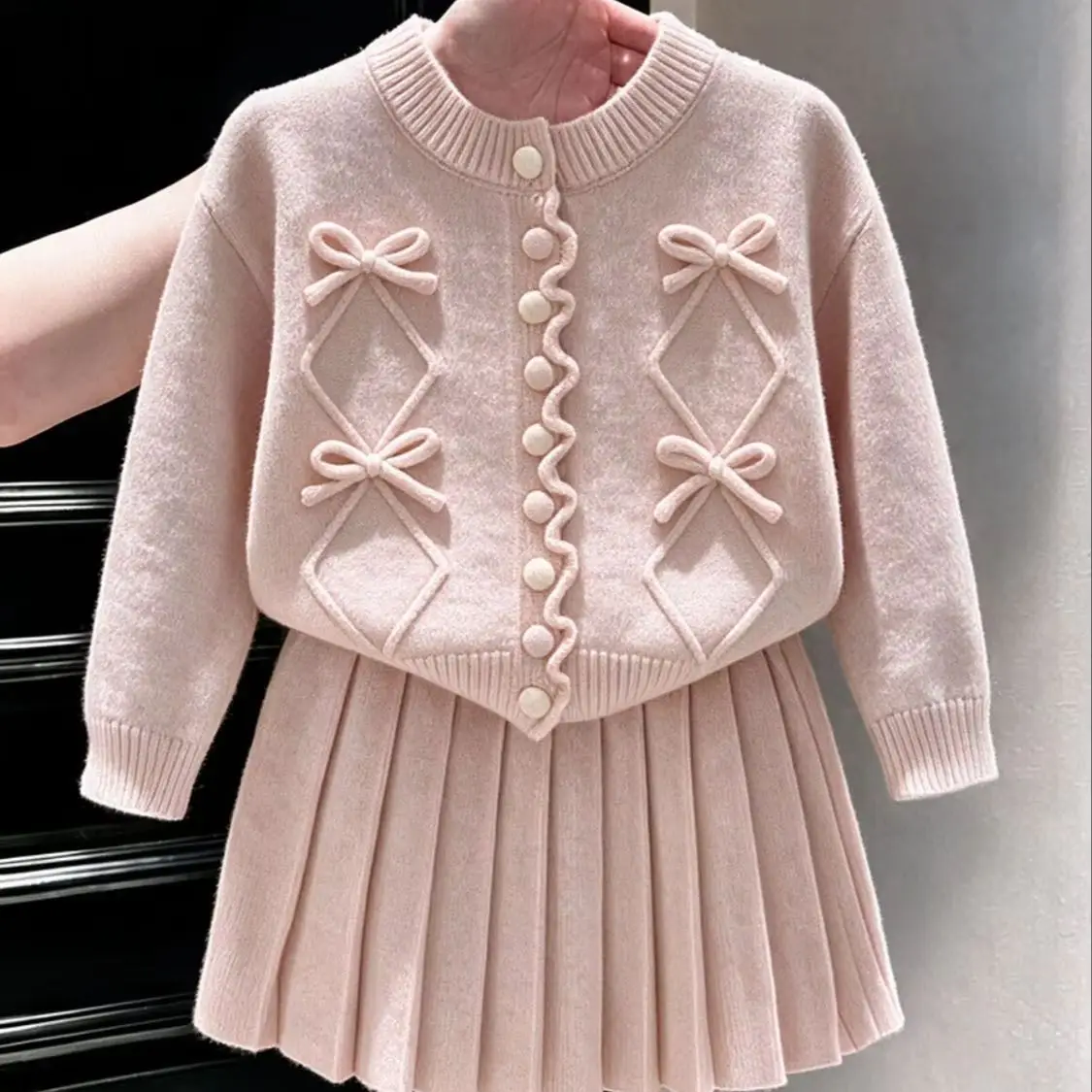 Girls' Set Autumn New Collection Children's Sweet Pink Bow Knitted Hair+Half Skirt Two Piece Set