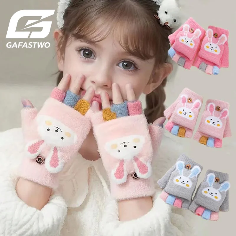 Cartoon Girls' Winter Gloves Cozy And Cute Warm Cold-Proof Flip Top Design for Writing And Skiing Hand Washable Polyester Blend