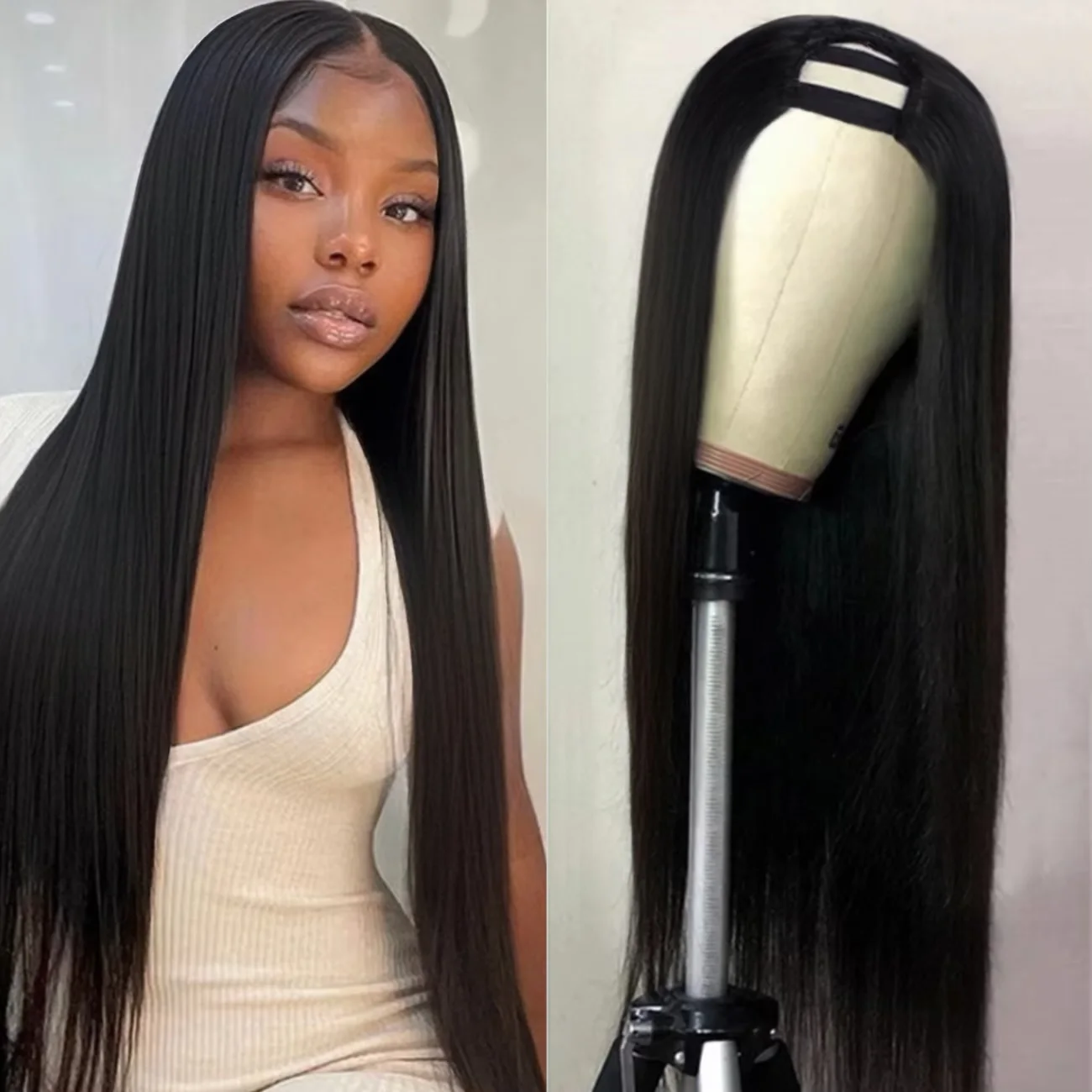 16-32 بوصة آلة صنع U جزء الباروكات 220 الكثافة البرازيلي شعر طبيعي مفرود للنساء U شكل الباروكات مستقيم خصلات الشعر المستعار الطبيعي #1