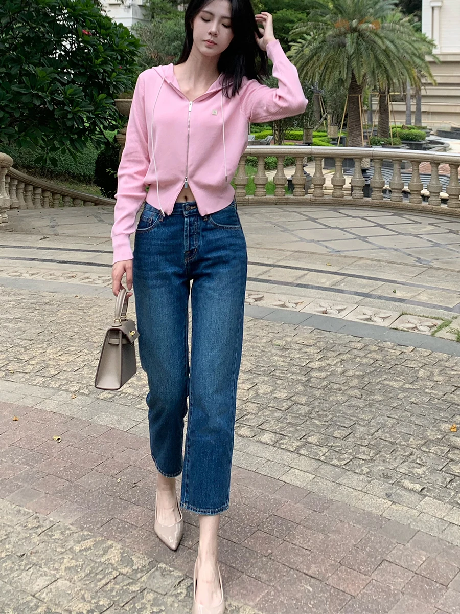 

High Waist Slimming Blue Jeans Women's Autumn Winter Straight Leg Nine Points Lengthening Taller Versatile Denim Pants