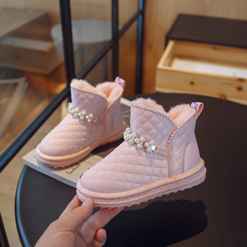 Sweet Princess Pink Pearl 2022 New Winter Kids Snow Boots Round Toe Girl Solid Color Casual Non-slip Child Fashion Ankle Boots