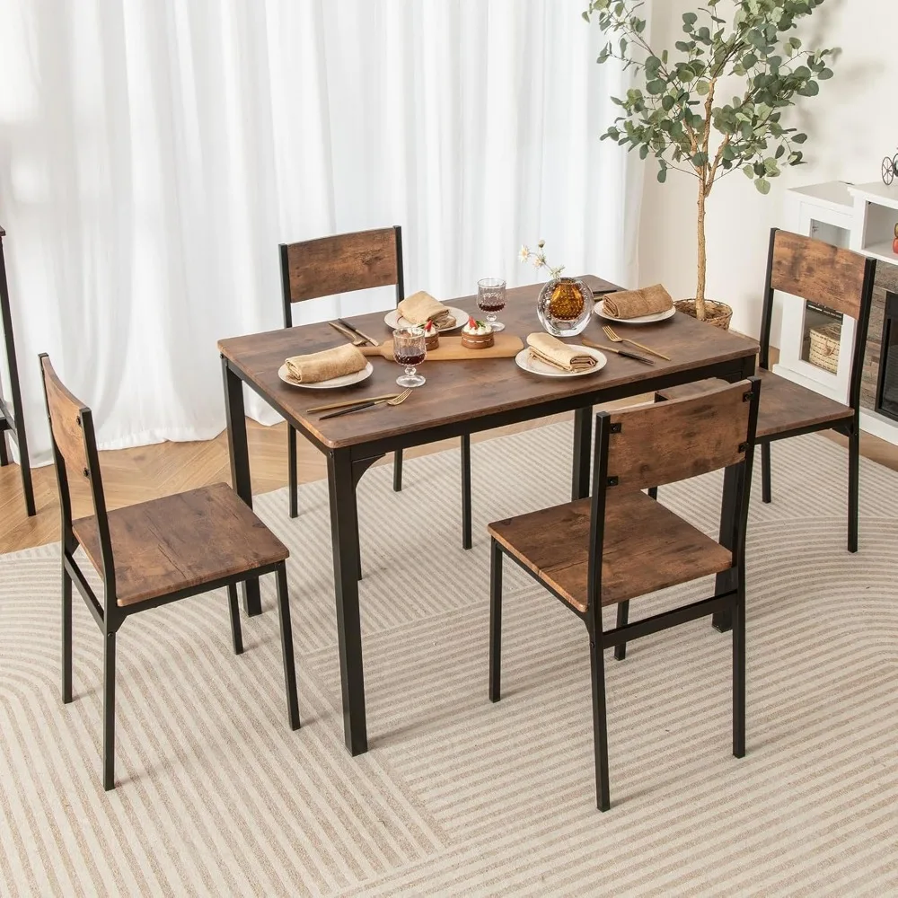 5-Piece Dining Table Set,Industrial Kitchen Table and Chairs for 4with Backrest and Metal Frame,Rectangular Space-Saving Dinette