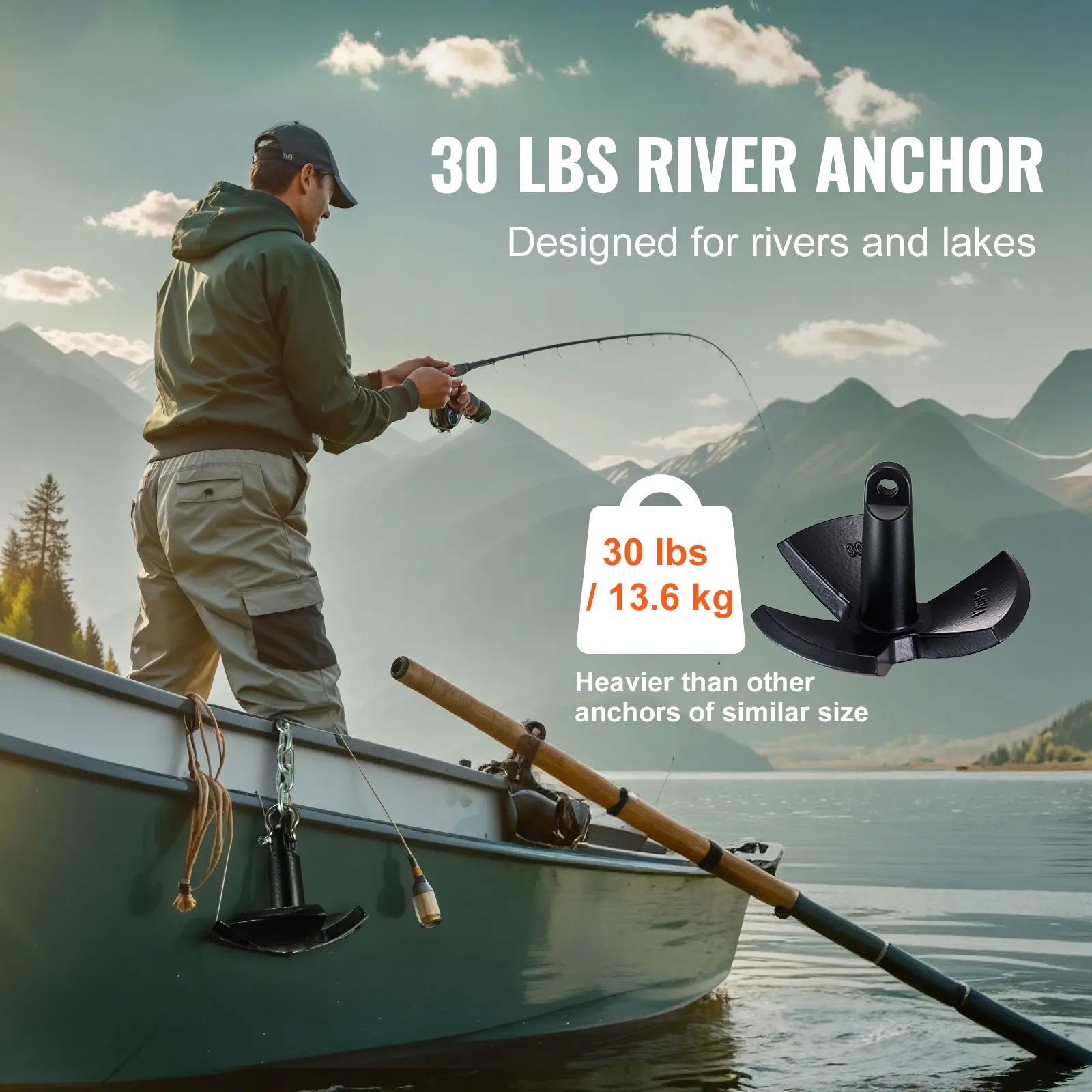 River Anchor, 30 LBS Boat Cast Iron Black Vinyl-Coated, Marine Grade Mushroom for Up To 30 ft, Impressive Holding Power in and