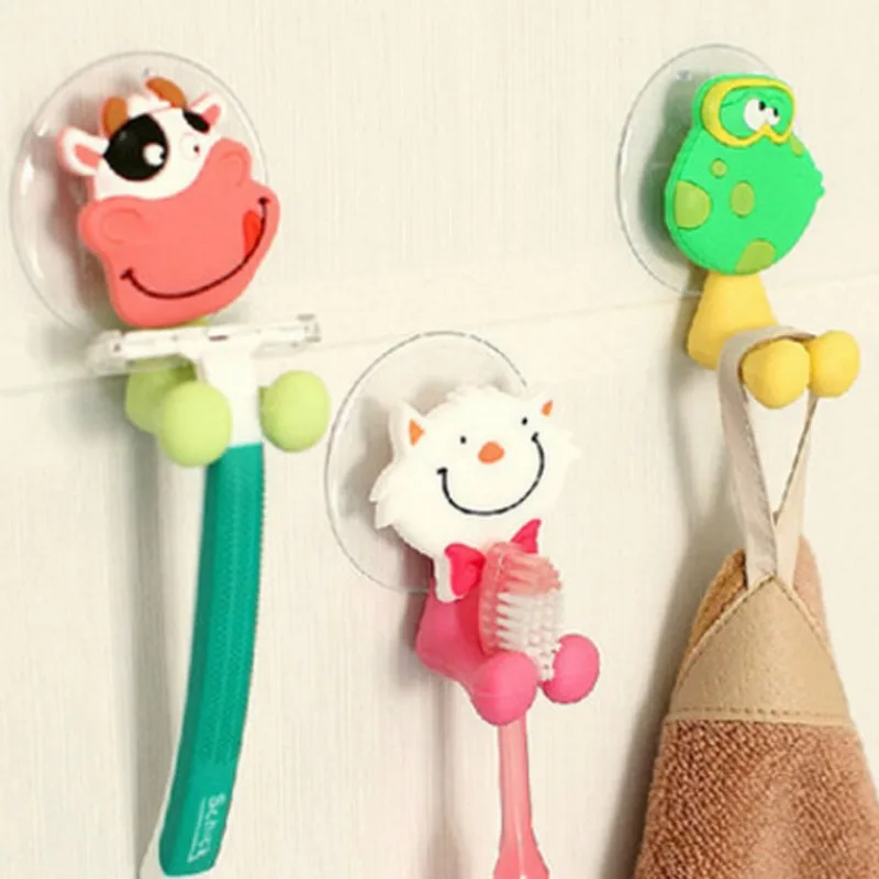 Creative Cartoon Animal Scratch Free Strong Suction Cup Toothpaste Toothbrush Holder Hook Without Punching Storage Hanging Rack