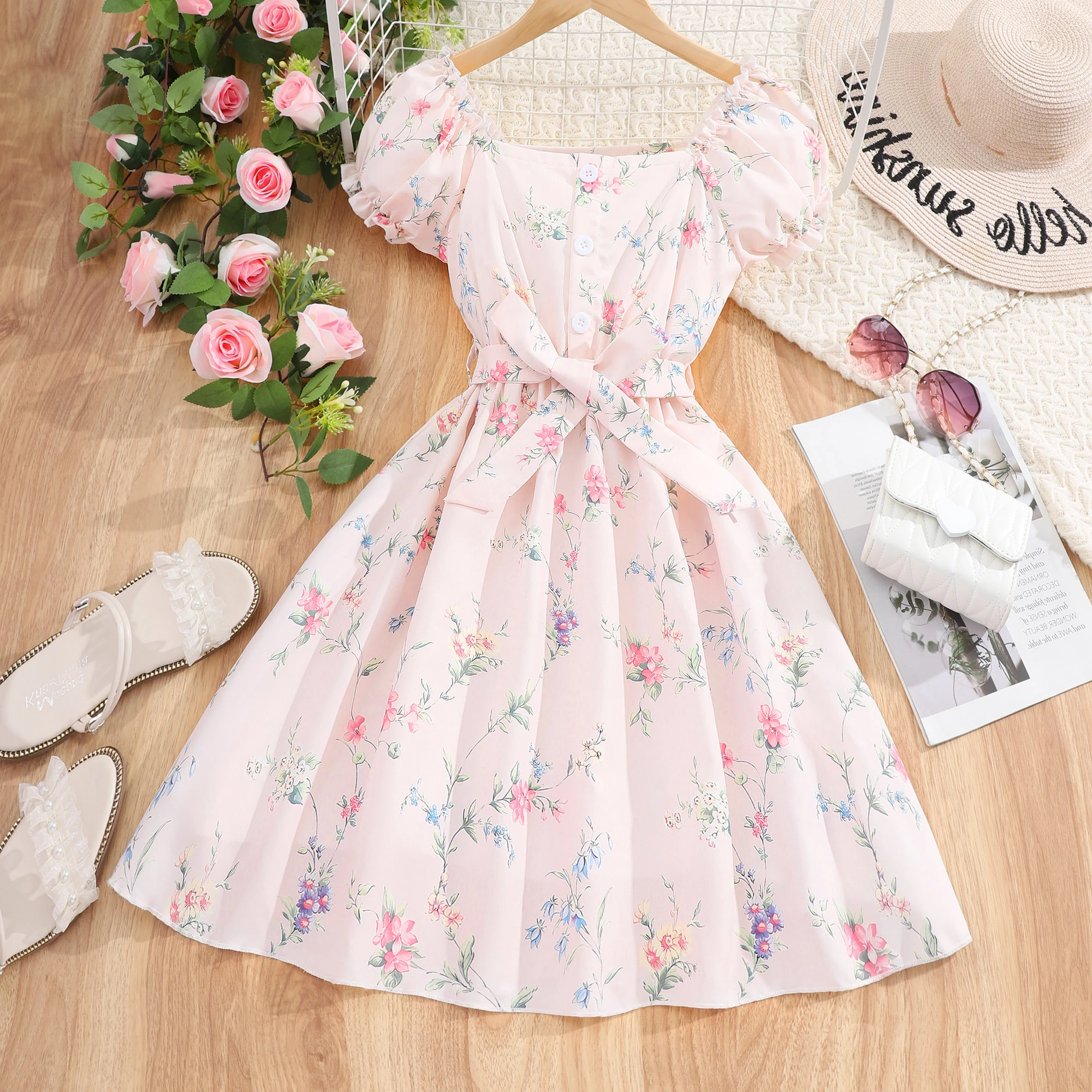 New Children Summer Dress 8 9 10 11 12 Years Old Teen Girl Clothes Flower Pink Short Sleeve Birthday Party Kids Princess Dresses