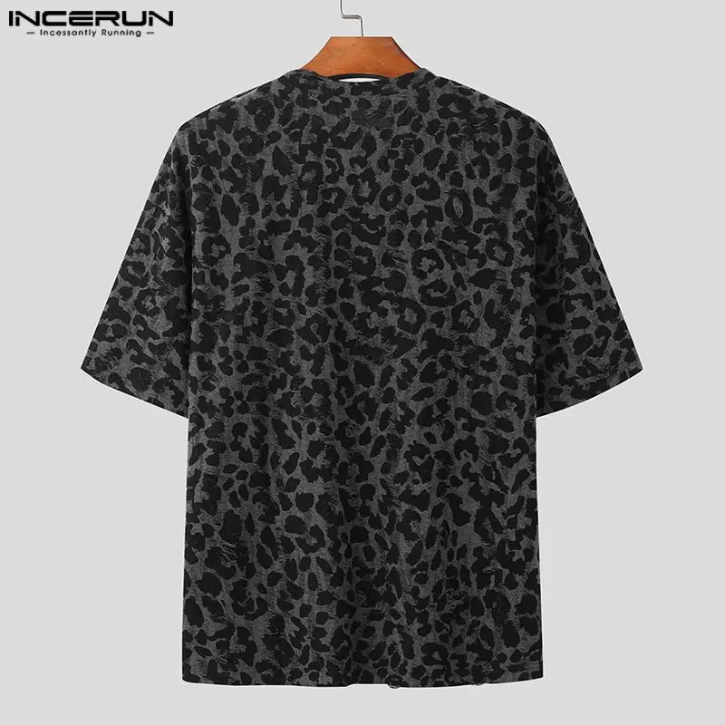 INCERUN Men\'s T Shirt Leopard Print O-neck Short Sleeve Casual Men Clothing Streetwear 2024 Loose Summer Loose Fashion Camisetas