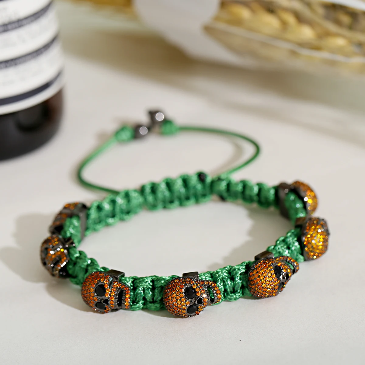 Fashion Zircon Skull Handmade Woven Bracelets Luxury CZ Beads Adjustable Bracelet Punk Wrist Jewelry for Women Men