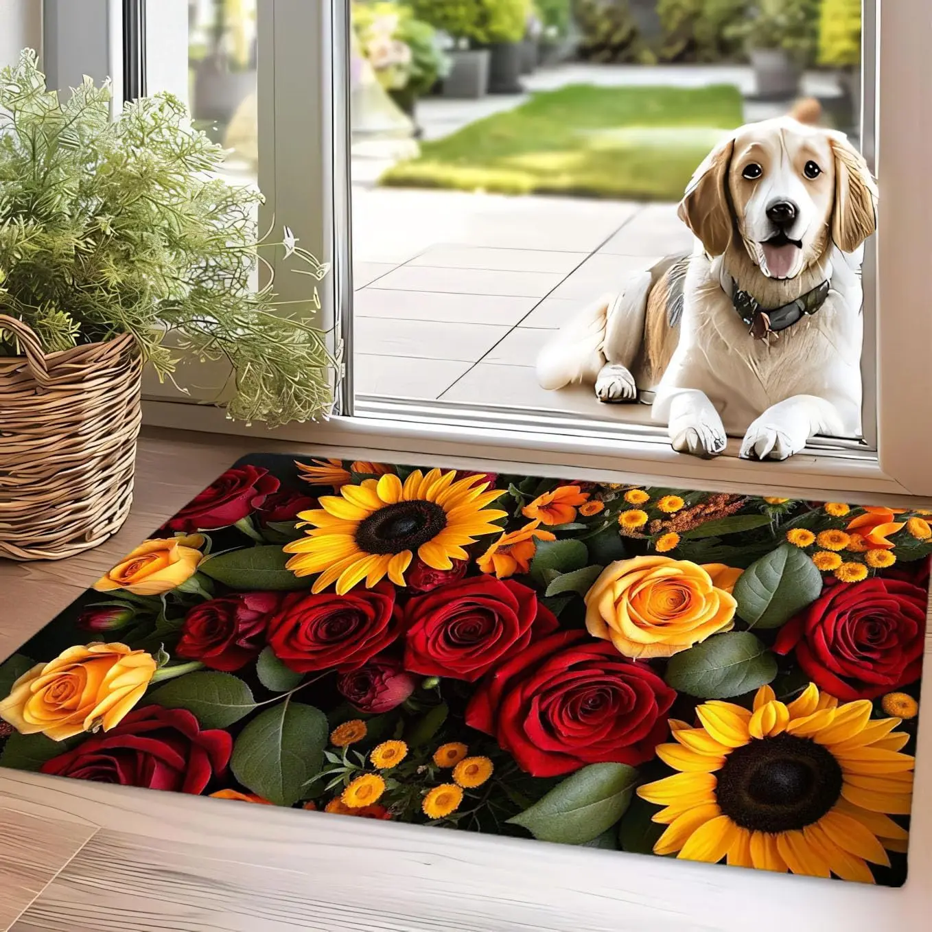 Sunflowers & Roses Area Rug-Washable Flannel Carpet with Non-Slip Backing, Vibrant Floral Rug for Living Room Bedroom Home Decor