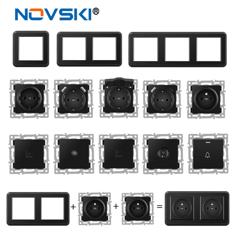 wall-mounted module diy European standard black tempered crystal glass panel socket LED light switch button function combi