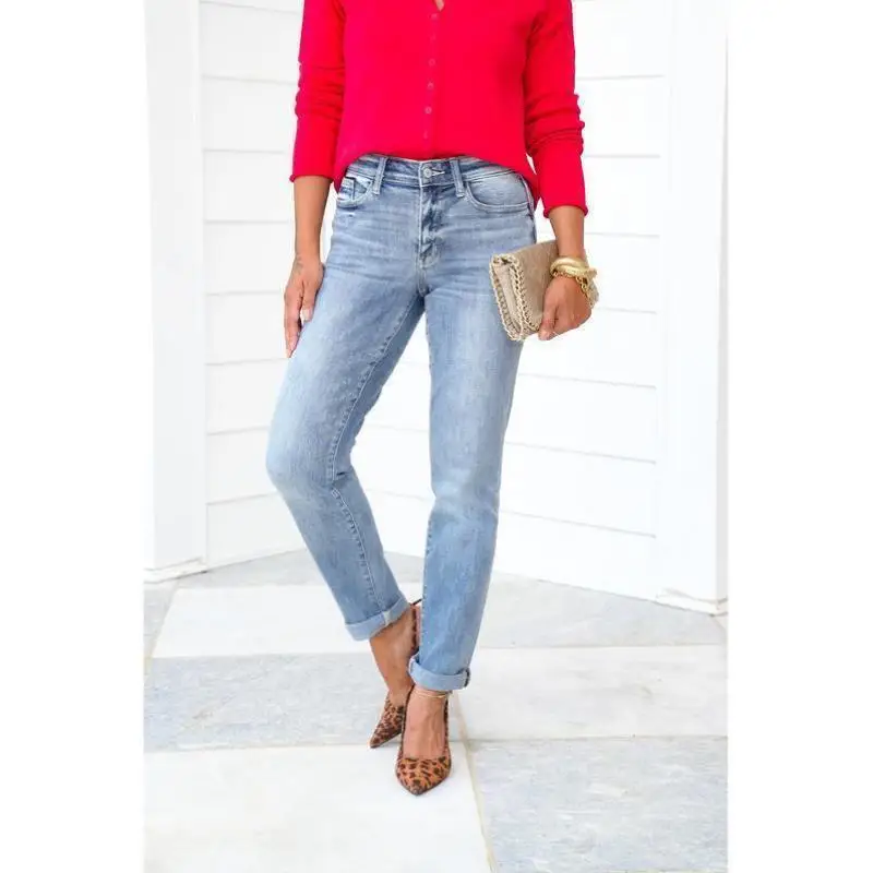 

Cross-Border New Home Office Mid-Waist Bleach Wa Boyfriend Casual Sportswear Set Long Pants Seven-Quarter Sve Top