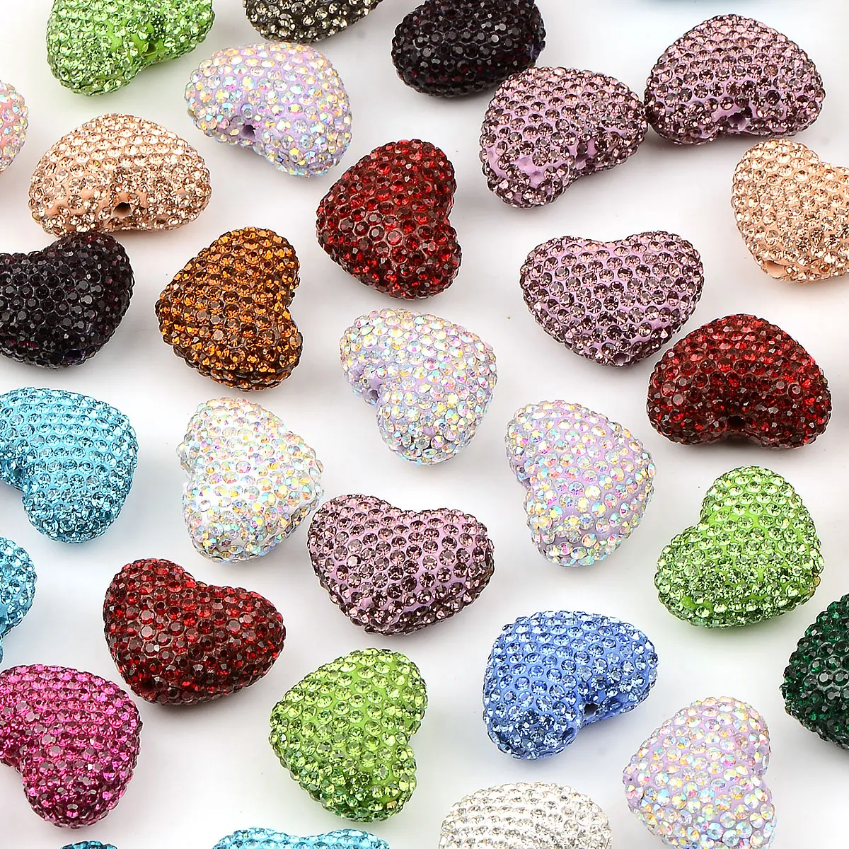 4pcs 1.8x2.4cm Random Color Mix Rhinestone Heart Shape Polymer Clay Beads Pendant Necklace Jewelry Making Accessories