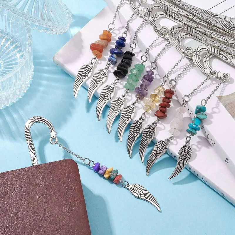 12pcs Chip Raw Stone Beads Angel Wing Charms Bookmark Pendant Quartz Gemstone Creative Page Holder Stationery Decor Gift