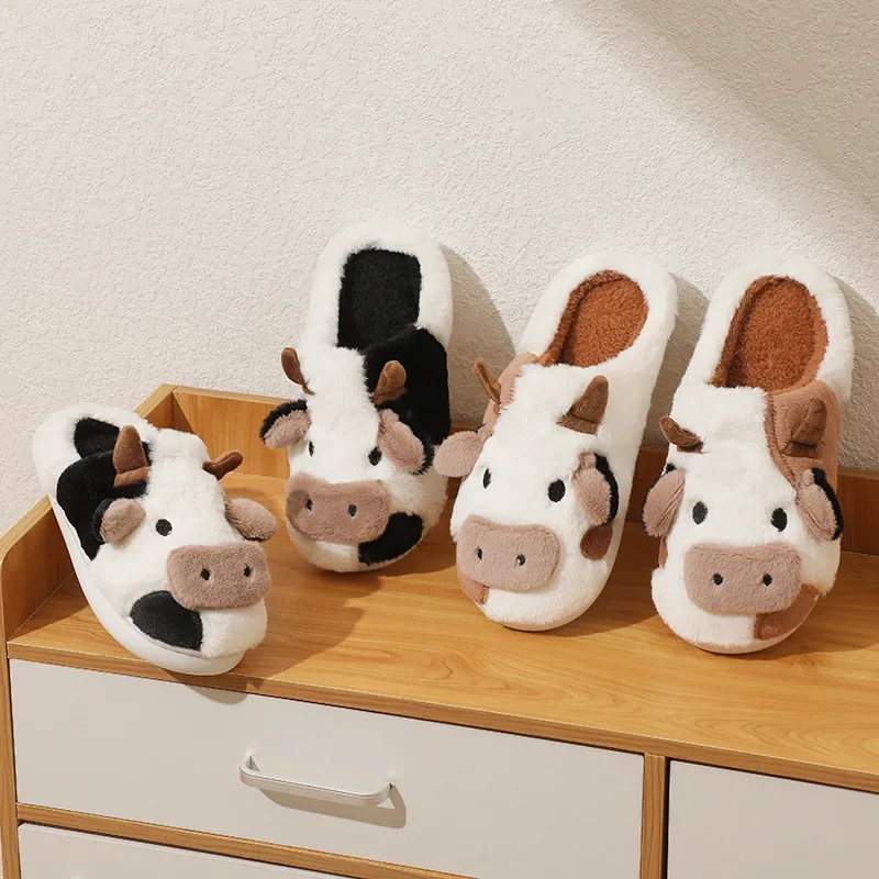 Cow Slippers women Warm winter cartoon Kawaii Plush Contton Indoor Fuzzy shoes for women Men Male Female Soft Home house Floor