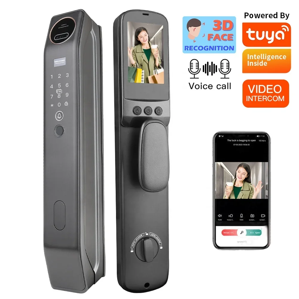 

008 Anti-theft Fingerprint Tuya Wifi App Digital Door Lock With Camara Rfid 3D Face Recognition Smart Door Lock Video Intercom
