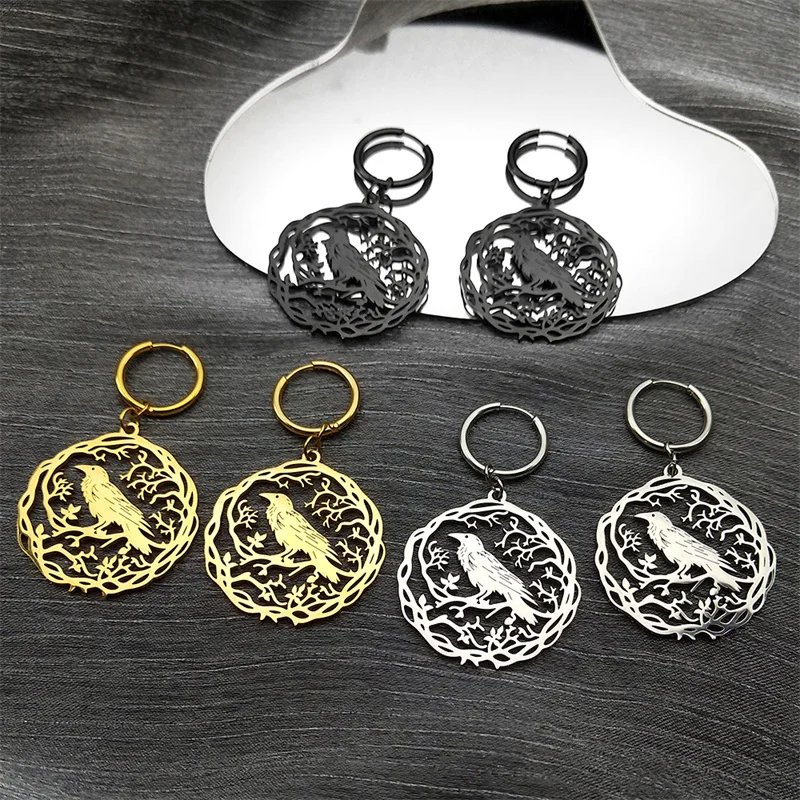 Gothic Black Crow Tree Of Life Bird Dangle Earrings For Women Men Stainless Steel Raven Animal Plant Jewelry Party Gift ZZZ955