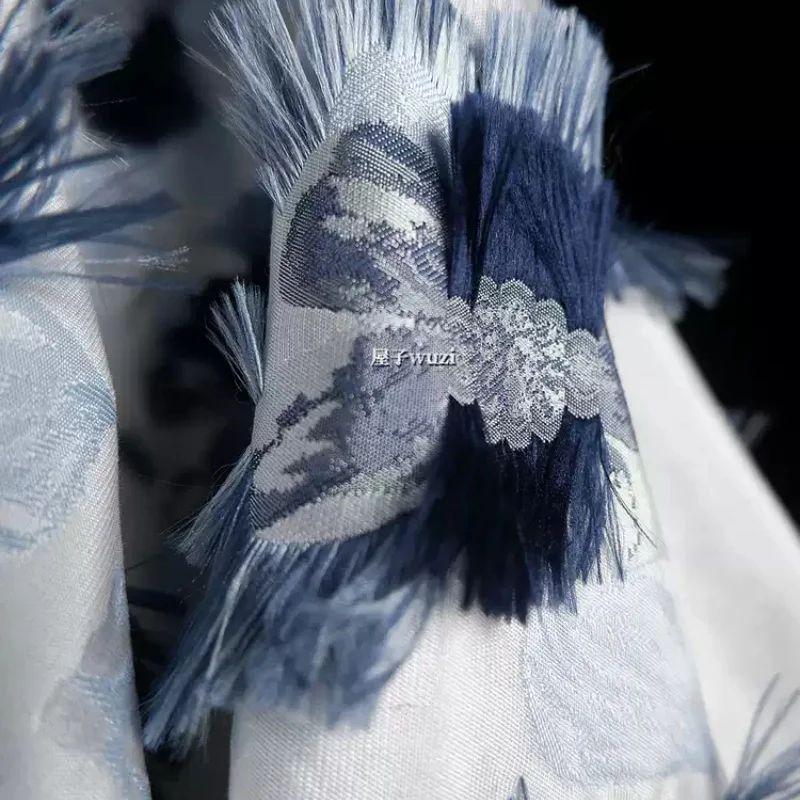 

Niche Blue White Ruffles Jacquard Weave Tassels Material Texture Creative Coat Dress Bag Handmade DIY Clothing Fabric