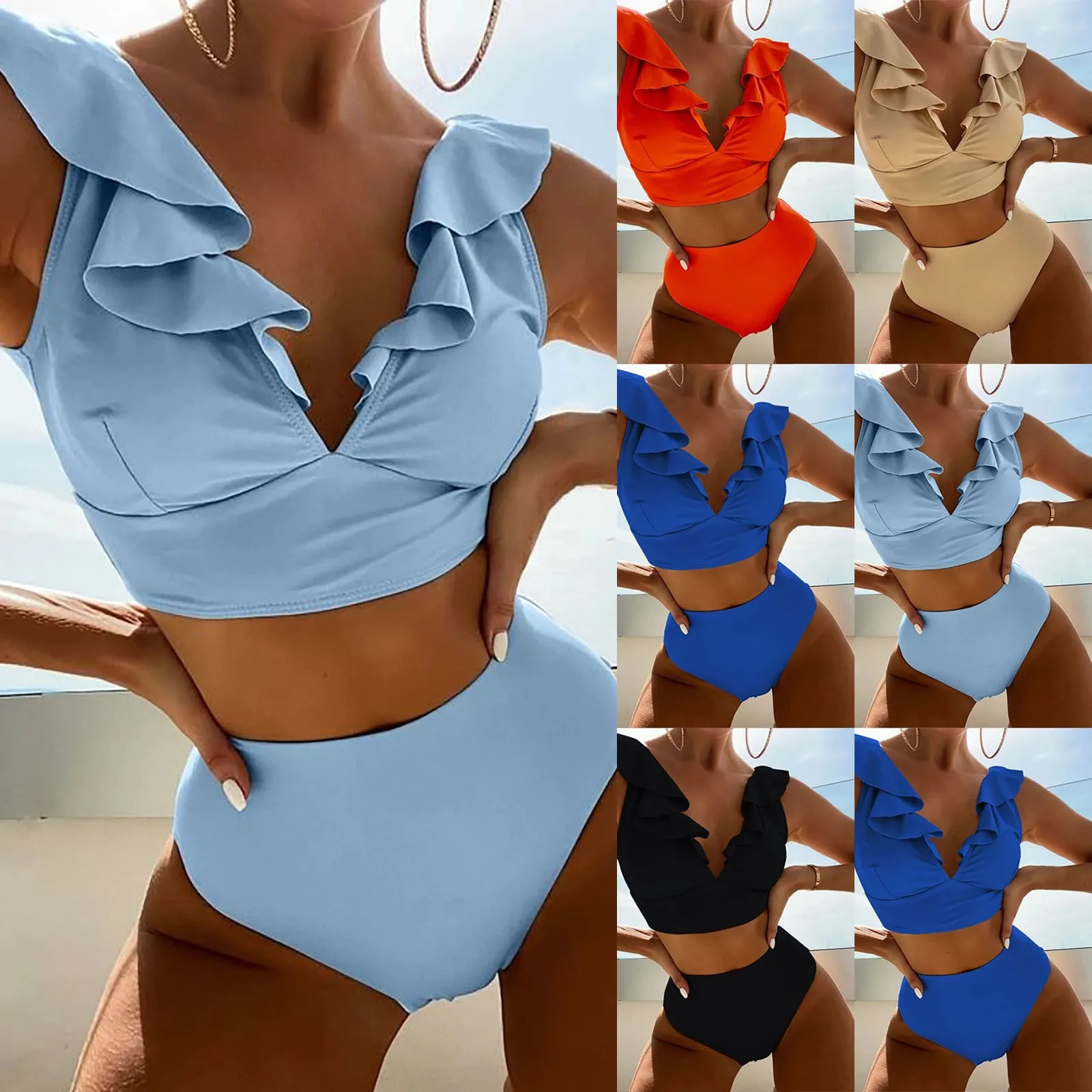 Женский раздельный купальник, простой классический однотонный купальный костюм с глубоким V-образным вырезом, бюстгальтером, жилетом и трусами с высокой талией, Элегантная универсальная пляжная одежда