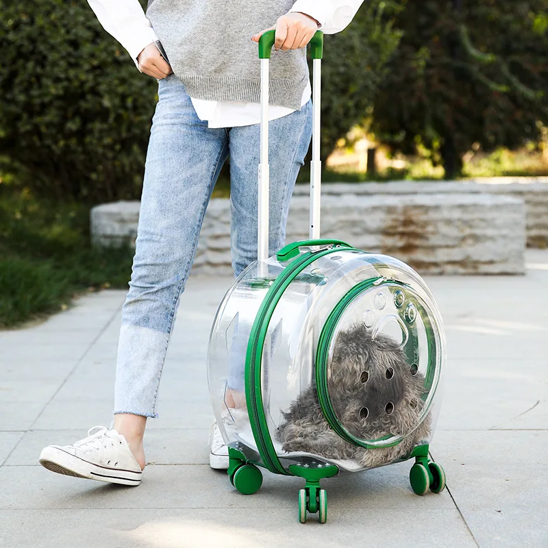 Portable Clear View Trolley Dog Cat House Wheeling Suitcase For Pet Travel Transparent Case Pet Carrier