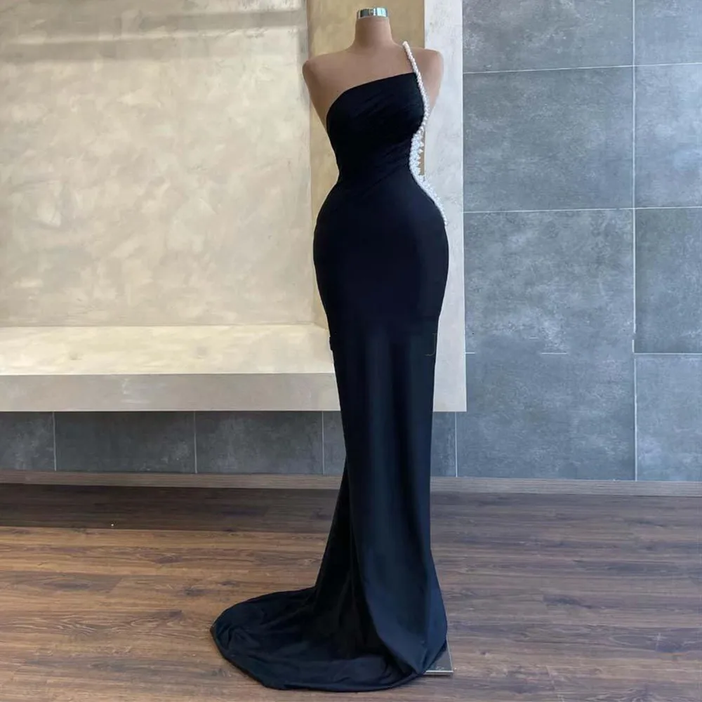 Sexy Mermaid Black Evening Dresses 2025 One Shoulder Pearls Beaded Satin Prom Formal Celebrity Gowns Customized Robe De Soiree