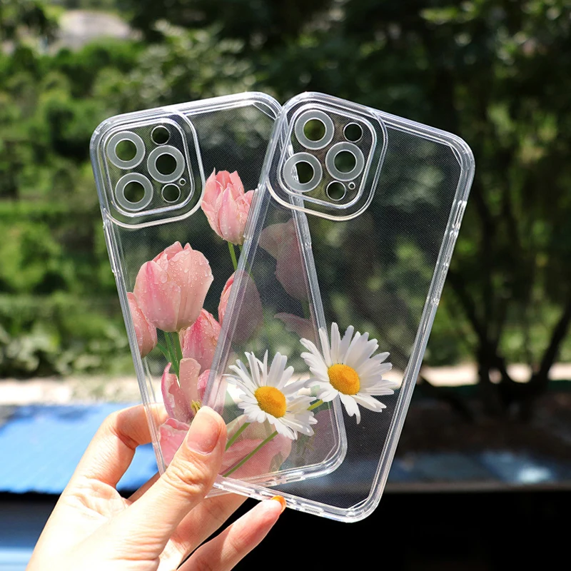 Fresh Flowers Clear Phone Case For iPhone 15 14 13 11 12 Pro Max Time Flower Cases For iPhone 7 8 Plus SE2 X XS XR Back Covers