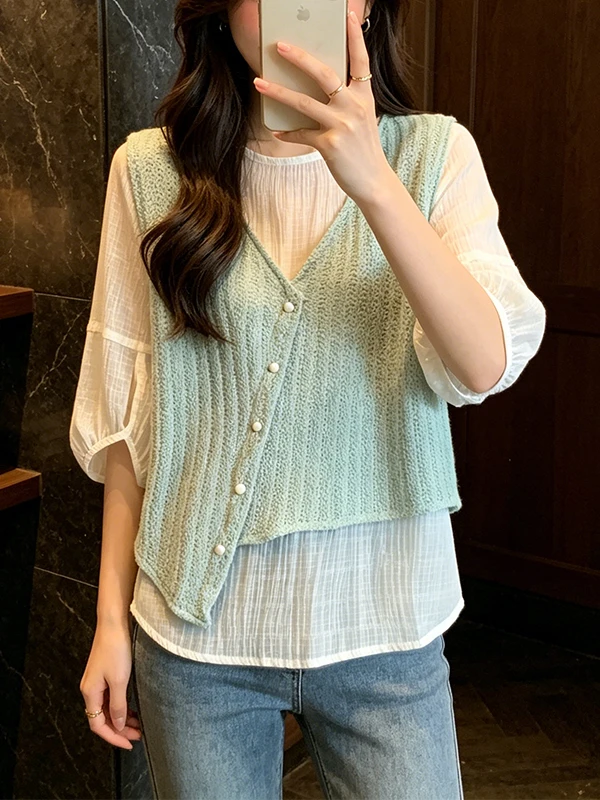 

plus Size Mint Blue Texture Vest Short Sleeve Women's Shirt Summer New Style Fake Two-Piece Top Comfortable Breathable Korean...