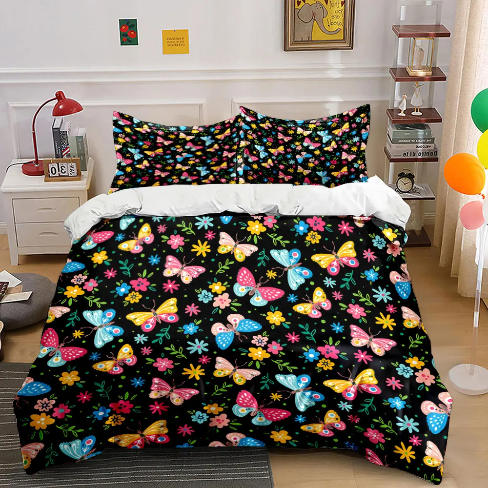 Colorful butterflies and floral Print Bedding Set 1 Duvet Cover 2 Pillowcases for Adult and Children Luxury Gift Full Size