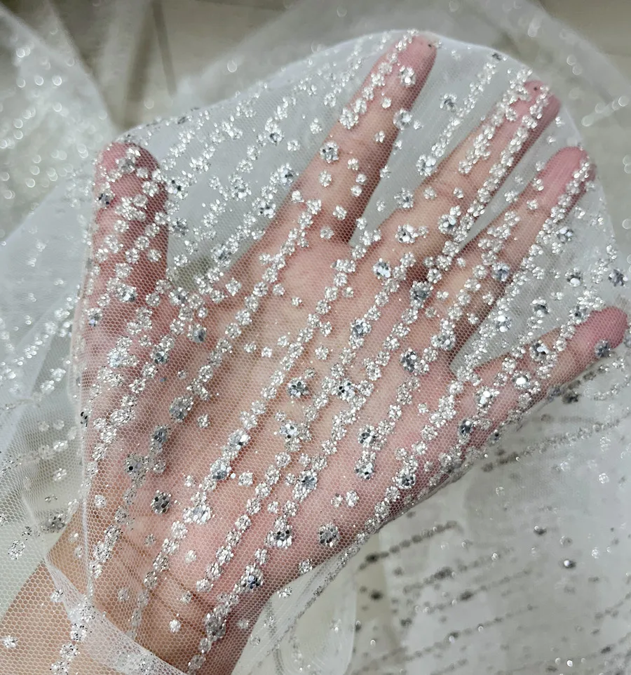 Vertical Stripes Silver Spray Gilding Shiny Powder Sequined Lace Draping Fabric for Wedding Dress Fabric