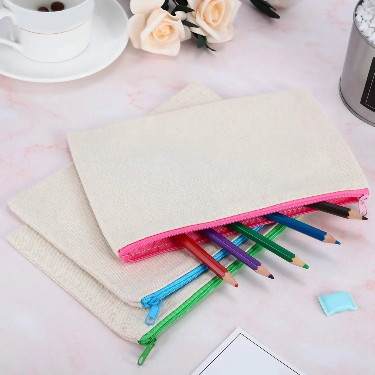 

A66F-28Pcs Canvas Makeup Bag Cosmetic Bag Toiletry Pouch Pen Coin Bag With Zipper - 10Pcs Color & 18Pcs Beige