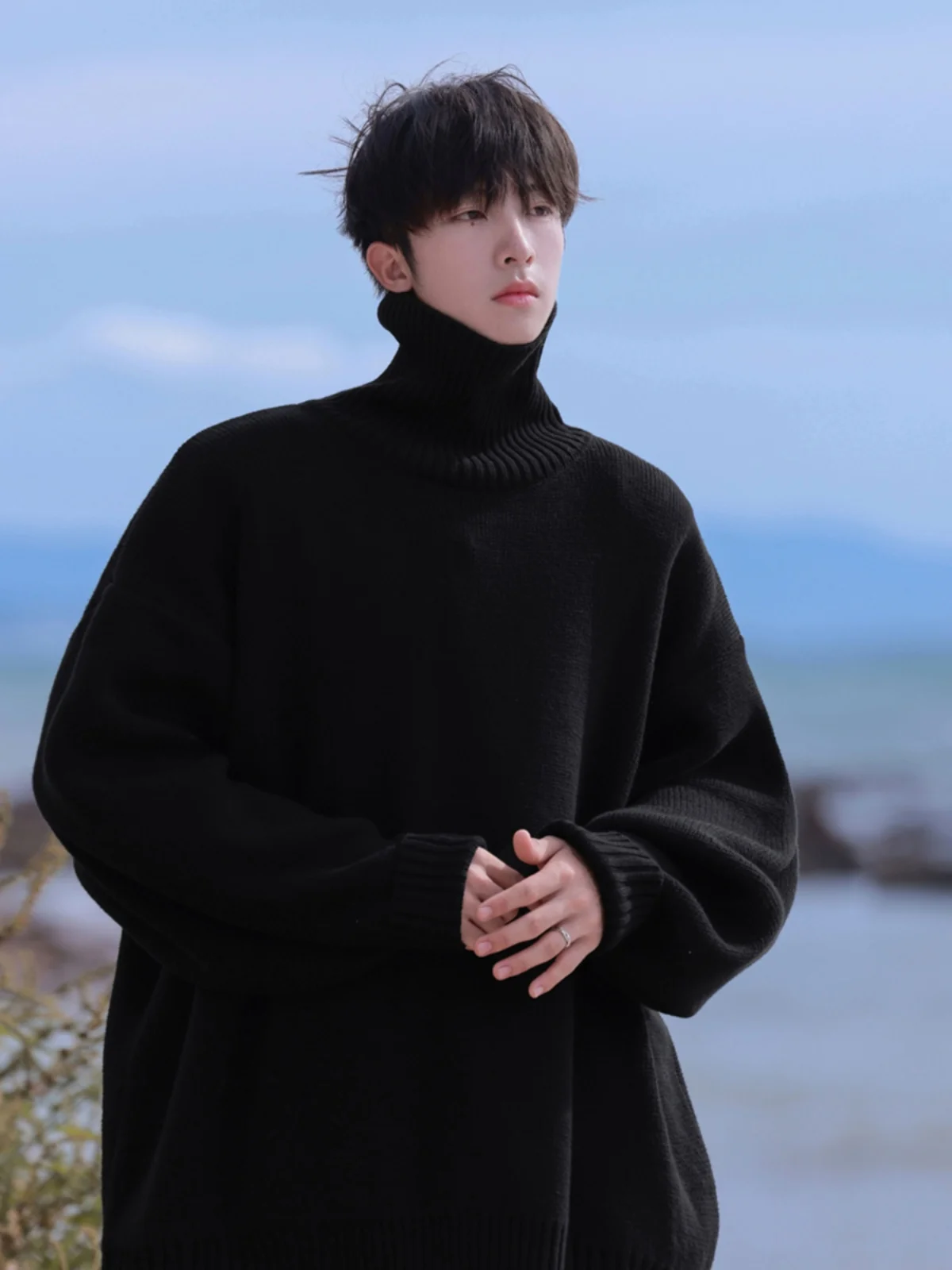 

Мужской свободный свитер с высоким воротником, весенне-осенний, вязаный, базовый слой, повседневный, молодежный, модный, брендовый, пуловер