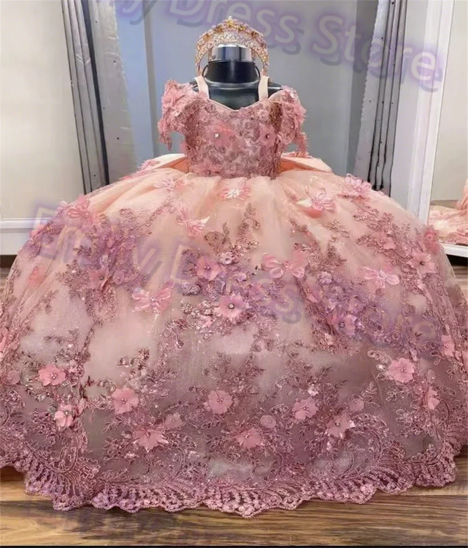Customized Flower Girl Dress For Wedding Pink Luxury Lace Elegant Applique Pearls Kids Birthday Party Infant Ball Gown