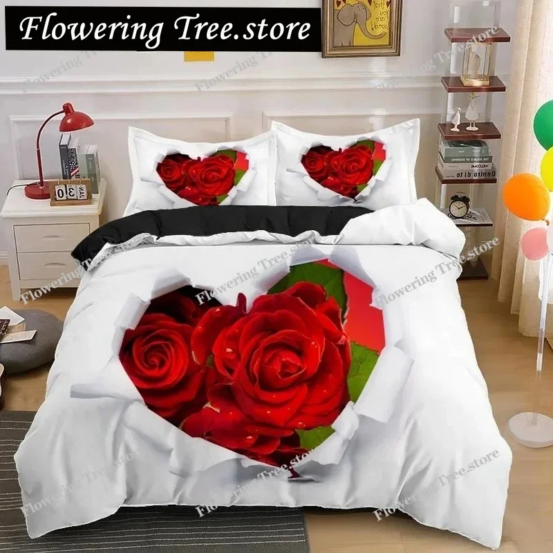 Rose Duvet Cover Set Red And White Rose Bedding Set For Lover Couple Polyester Comforter Cover Valentine's Day Gift King Size