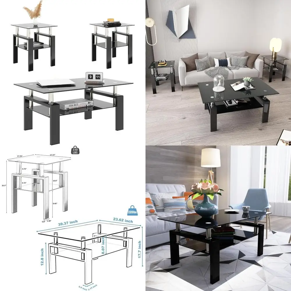 Set tavolo da soggiorno in vetro da 3 pezzi con piano in vetro temperato e cornici in metallo