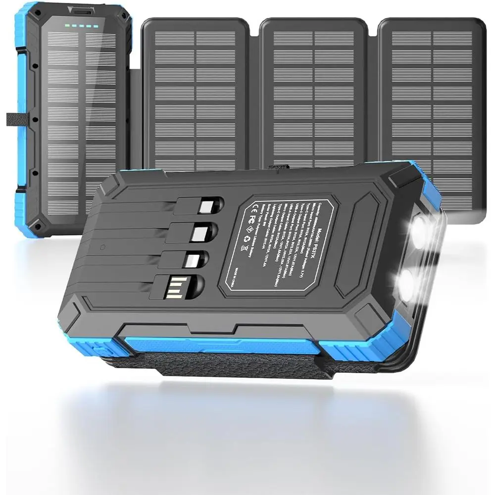 

High-Capacity 49800mAh Power Bank with 4 Cables, 3 Solar Panels, PD22.5W Fast Charging, USB-C I/O, and Flashlight for Outdoor Ad